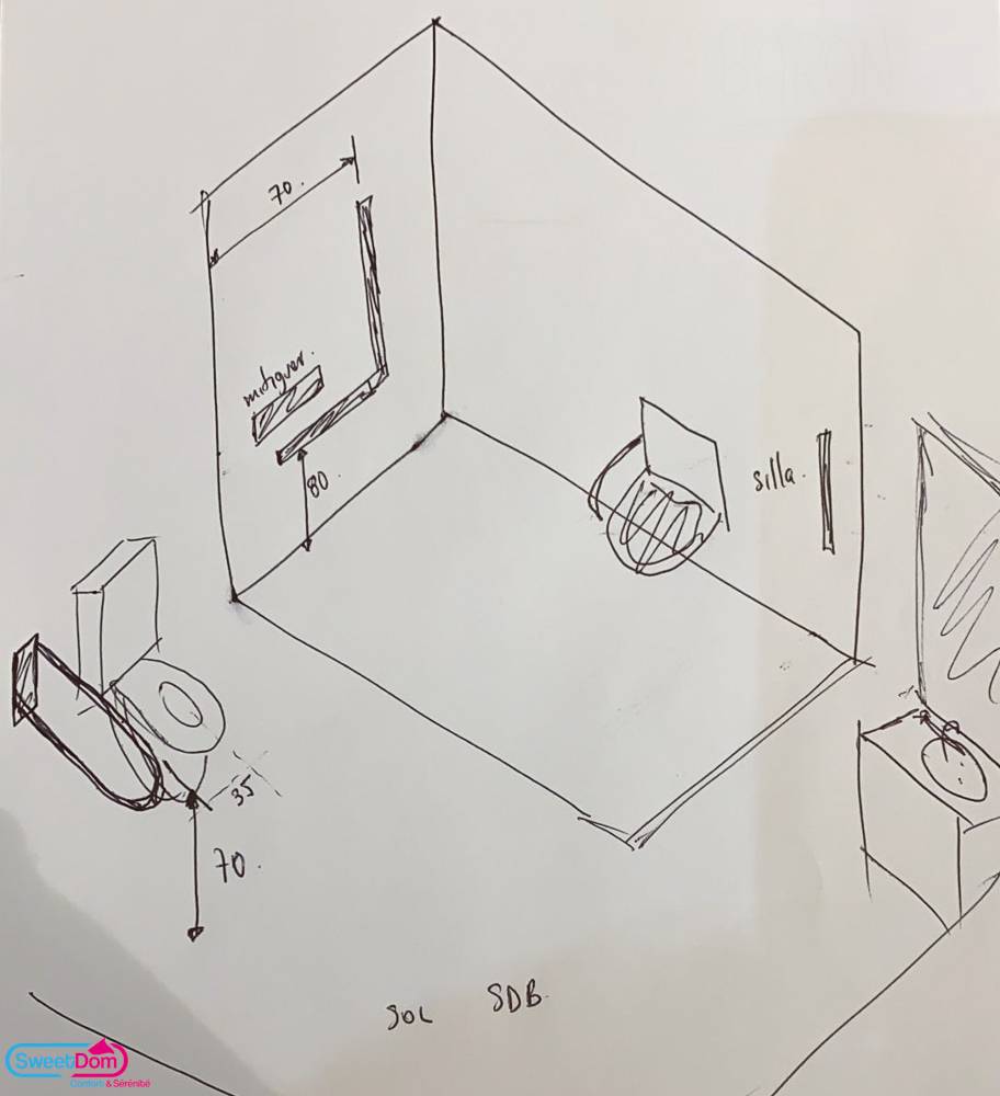 Réaliser un schéma de l'implantation des équipements de la douche à Paris (75009)