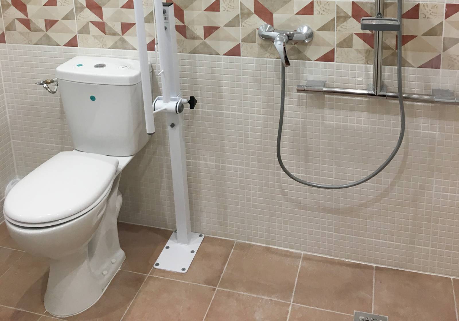 WC rehaussé et barre d'appui rabattable à côté de la douche à Argenteuil (95)