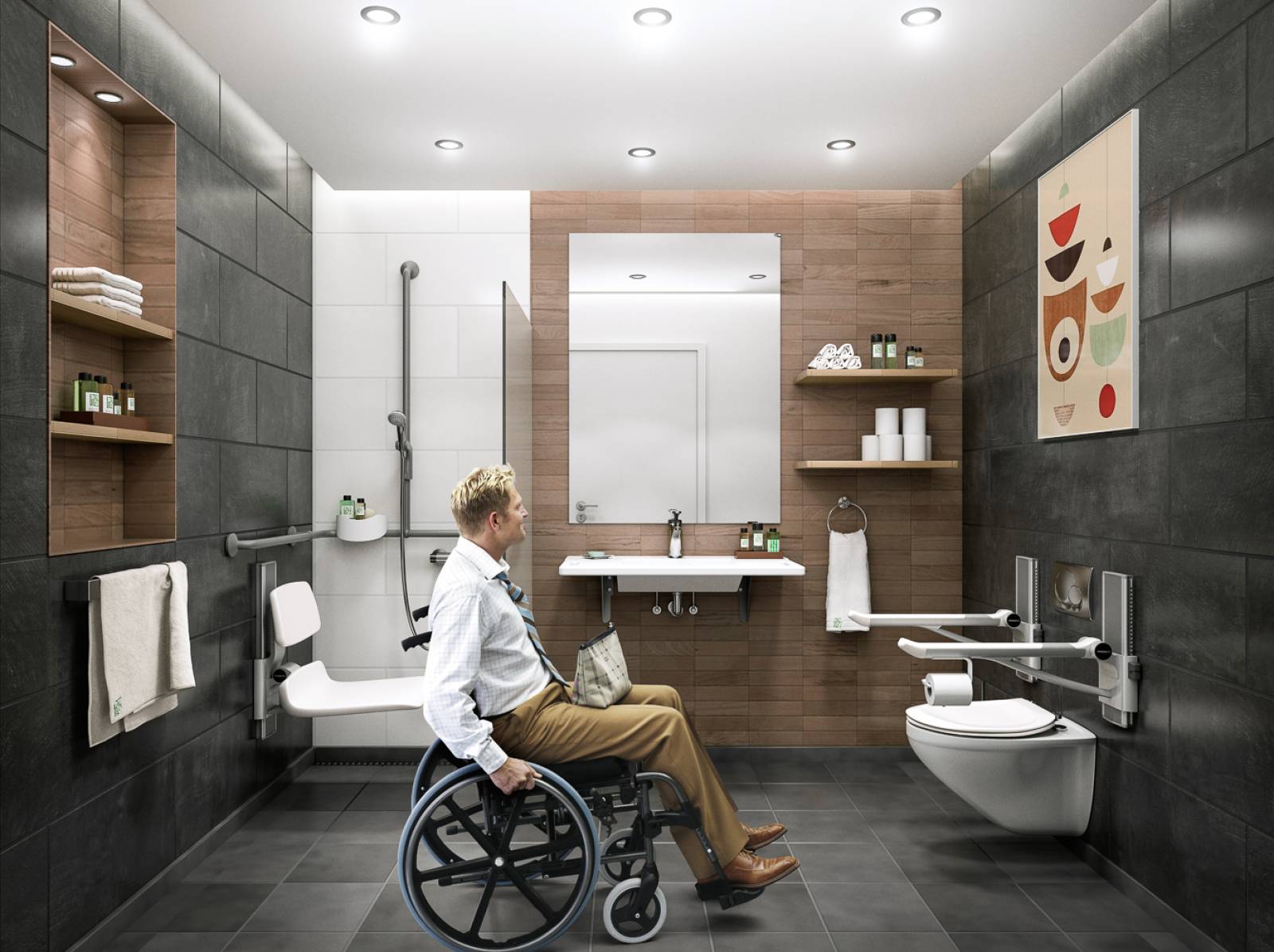 Salle de bains Hotel pour PMR équipée Pressalit