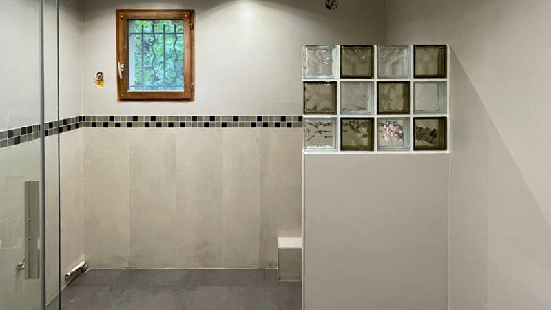 Vue d'ensemble sur la salle d'eau avec un muret et des pavés de verre (94260)